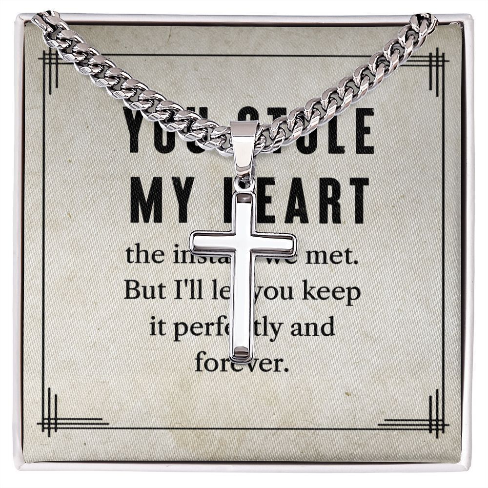 To My Man You Stole My Heart Artisan Cross Cuban Chain Two-Tone Box